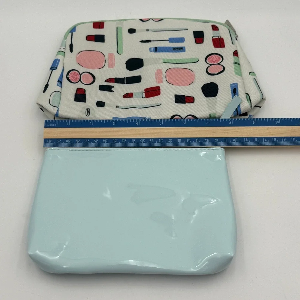 Kate Spade x Clinique Makeup Bag Set Blue Patent & Cosmetic Print 2 Piece Pouch